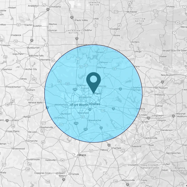 Map of Dallas, TX with blue translucent circle