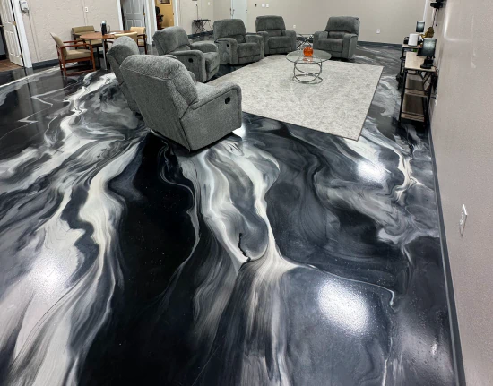 Black and white marbled epoxy floor design in Dallas home
